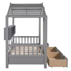 Bellemave Letto a capanna singolo con cassetti portaoggetti, telaio letto a capanna per bambini con ripiani, simpatico letto a capanna singolo in legno con tetto per bambini, bambine, bambini, grigio