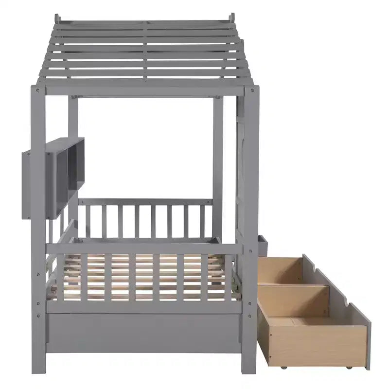 Bellemave Letto a capanna singolo con cassetti portaoggetti, telaio letto a capanna per bambini con ripiani, simpatico letto a capanna singolo in legno con tetto per bambini, bambine, bambini, grigio
