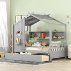 Bellemave Letto a capanna singolo con cassetti portaoggetti, telaio letto a capanna per bambini con ripiani, simpatico letto a capanna singolo in legno con tetto per bambini, bambine, bambini, grigio