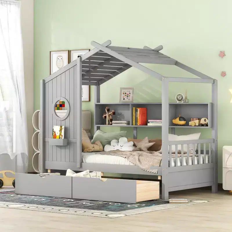 Bellemave Letto a capanna singolo con cassetti portaoggetti, telaio letto a capanna per bambini con ripiani, simpatico letto a capanna singolo in legno con tetto per bambini, bambine, bambini, grigio