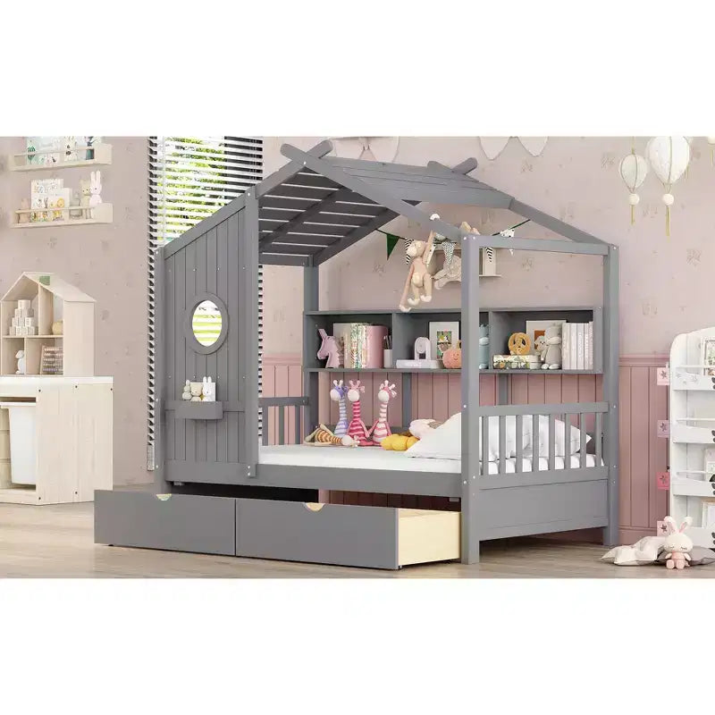 Bellemave Letto a capanna singolo con cassetti portaoggetti, telaio letto a capanna per bambini con ripiani, simpatico letto a capanna singolo in legno con tetto per bambini, bambine, bambini, grigio