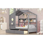 Bellemave Letto a capanna singolo con cassetti portaoggetti, telaio letto a capanna per bambini con ripiani, simpatico letto a capanna singolo in legno con tetto per bambini, bambine, bambini, grigio