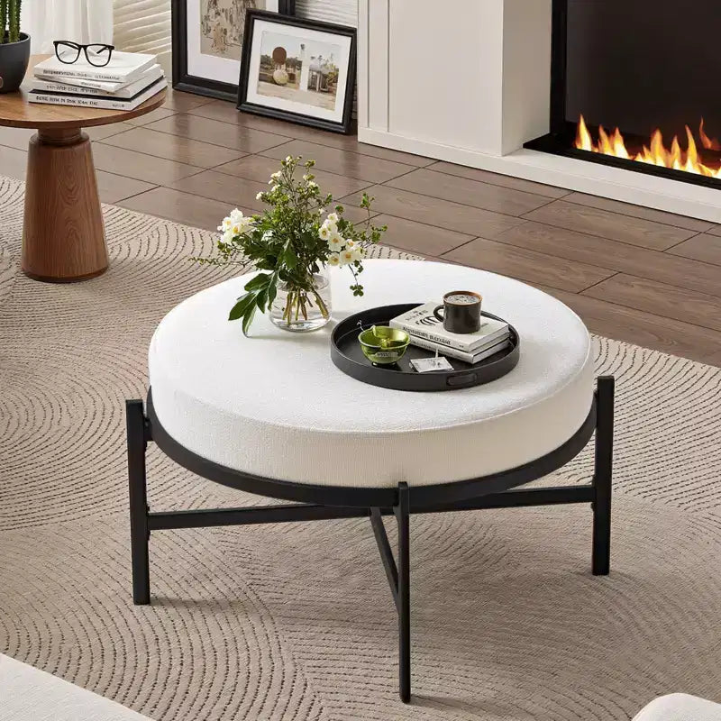 Pouf Contenitore Rotondo Bekrvio 4.5, Tavolino e Poggiapiedi in Tessuto Ciniglia per Soggiorno con Gambe in Metallo e Piedini Regolabili