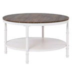 Tavolino da caffè in stile industriale, con pannello rotondo a doppio strato in MDF color noce scuro con venature nere, 78 cm di diametro, e struttura in ferro bianco rugoso verniciato a fuoco