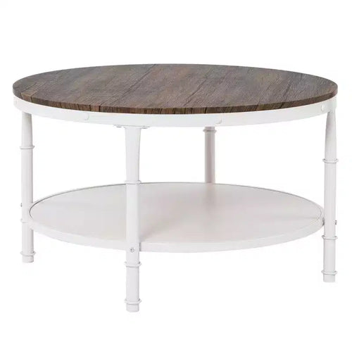Tavolino da caffè in stile industriale, con pannello rotondo a doppio strato in MDF color noce scuro con venature nere, 78 cm di diametro, e struttura in ferro bianco rugoso verniciato a fuoco