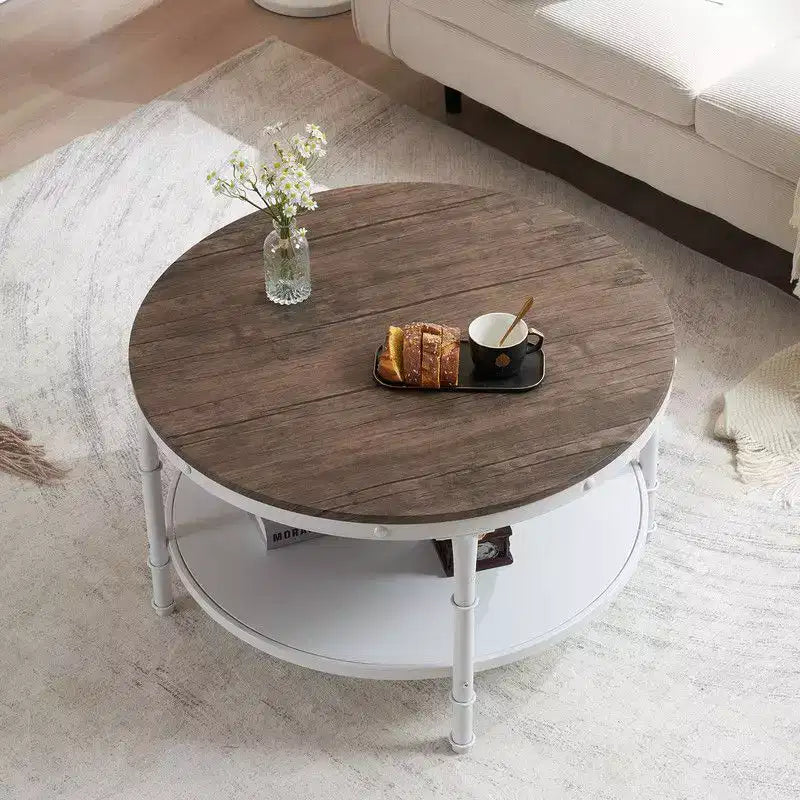 Tavolino da caffè in stile industriale, con pannello rotondo a doppio strato in MDF color noce scuro con venature nere, 78 cm di diametro, e struttura in ferro bianco rugoso verniciato a fuoco