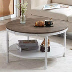 Tavolino da caffè in stile industriale, con pannello rotondo a doppio strato in MDF color noce scuro con venature nere, 78 cm di diametro, e struttura in ferro bianco rugoso verniciato a fuoco