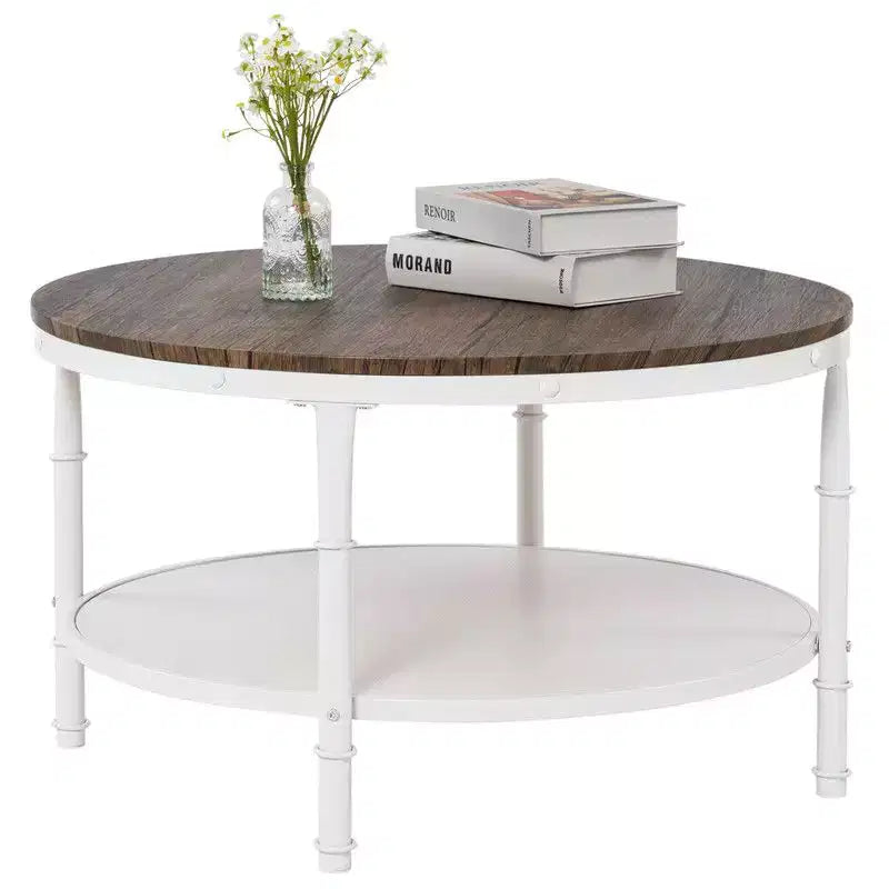 Tavolino da caffè in stile industriale, con pannello rotondo a doppio strato in MDF color noce scuro con venature nere, 78 cm di diametro, e struttura in ferro bianco rugoso verniciato a fuoco