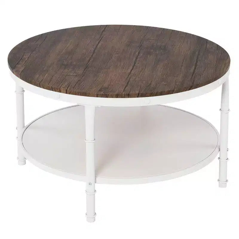 Tavolino da caffè in stile industriale, con pannello rotondo a doppio strato in MDF color noce scuro con venature nere, 78 cm di diametro, e struttura in ferro bianco rugoso verniciato a fuoco