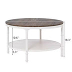 Tavolino da caffè in stile industriale, con pannello rotondo a doppio strato in MDF color noce scuro con venature nere, 78 cm di diametro, e struttura in ferro bianco rugoso verniciato a fuoco