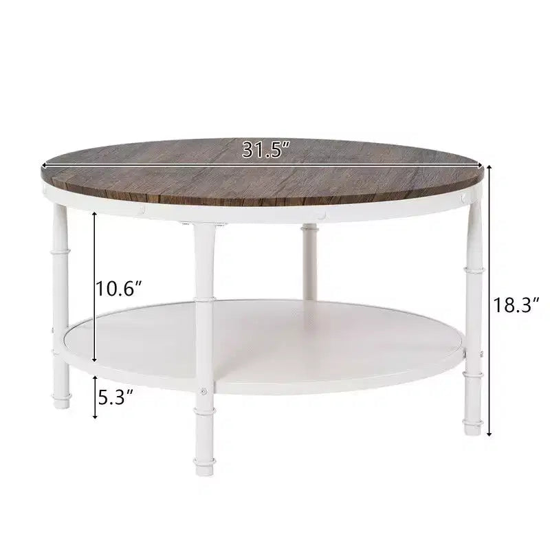 Tavolino da caffè in stile industriale, con pannello rotondo a doppio strato in MDF color noce scuro con venature nere, 78 cm di diametro, e struttura in ferro bianco rugoso verniciato a fuoco