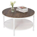 Tavolino da caffè in stile industriale, con pannello rotondo a doppio strato in MDF color noce scuro con venature nere, 78 cm di diametro, e struttura in ferro bianco rugoso verniciato a fuoco