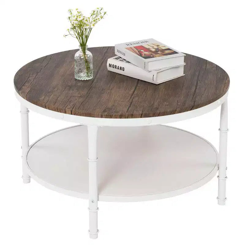 Tavolino da caffè in stile industriale, con pannello rotondo a doppio strato in MDF color noce scuro con venature nere, 78 cm di diametro, e struttura in ferro bianco rugoso verniciato a fuoco