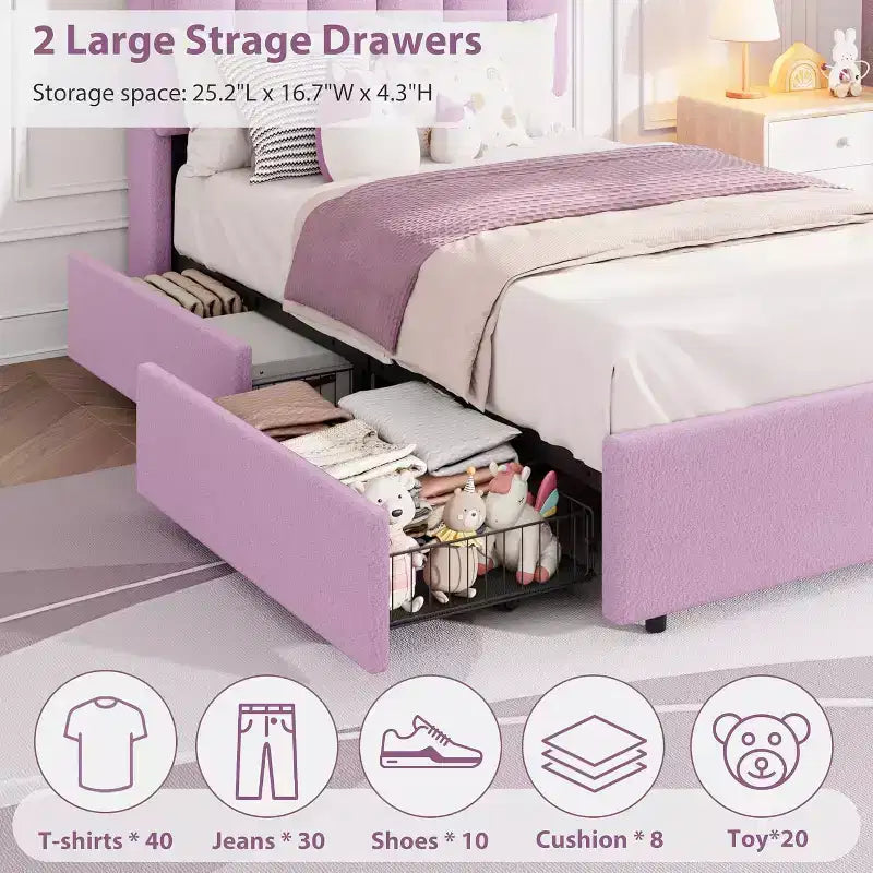 Struttura Letto Matrimoniale con Elegante Testiera Ondulata, Letto per Bambini con 2 Cassetti, Letto a Piattaforma Imbottito in Bouclé per Ragazze