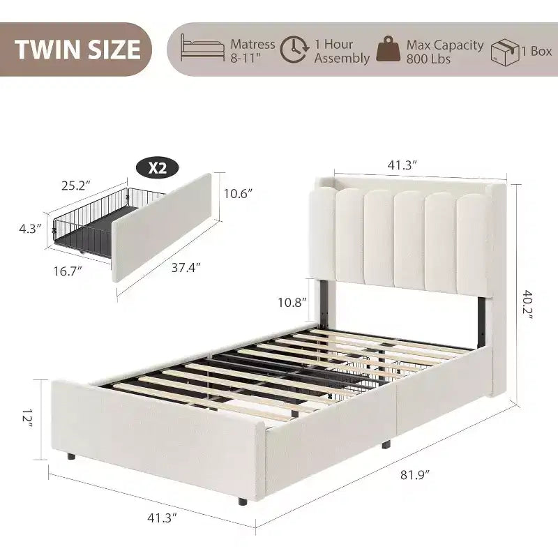 Struttura Letto Matrimoniale con Elegante Testiera Ondulata, Letto per Bambini con 2 Cassetti, Letto a Piattaforma Imbottito in Bouclé per Ragazze
