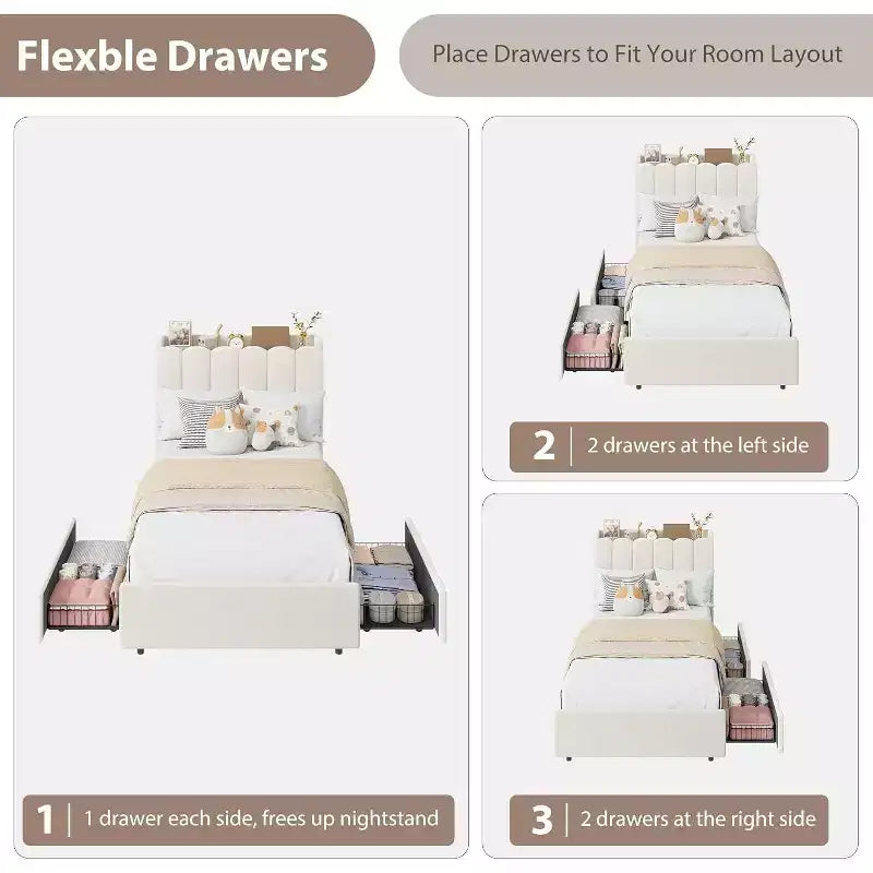 Struttura Letto Matrimoniale con Elegante Testiera Ondulata, Letto per Bambini con 2 Cassetti, Letto a Piattaforma Imbottito in Bouclé per Ragazze