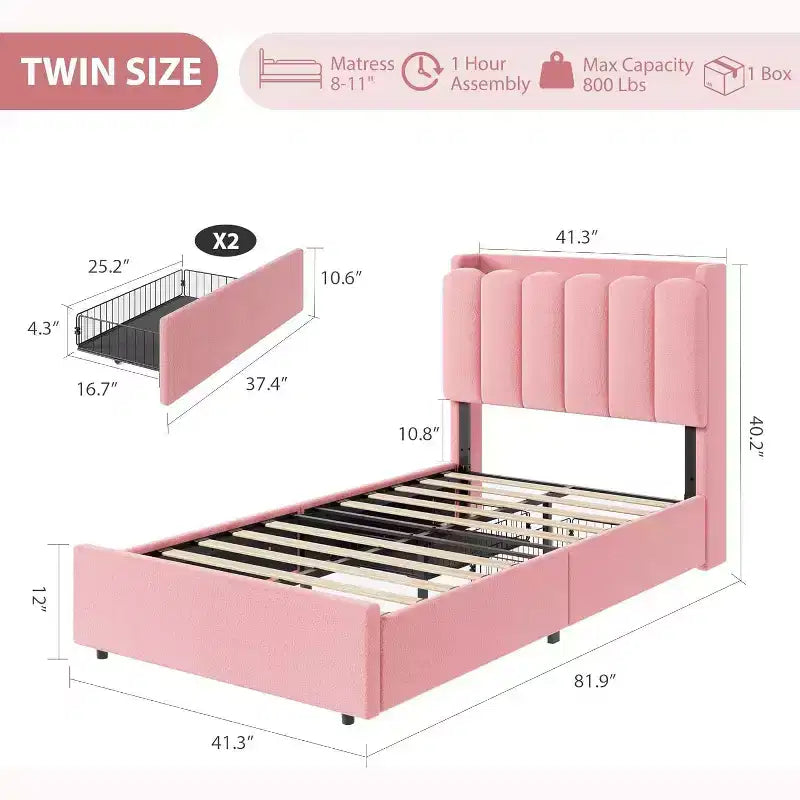Struttura Letto Matrimoniale con Elegante Testiera Ondulata, Letto per Bambini con 2 Cassetti, Letto a Piattaforma Imbottito in Bouclé per Ragazze