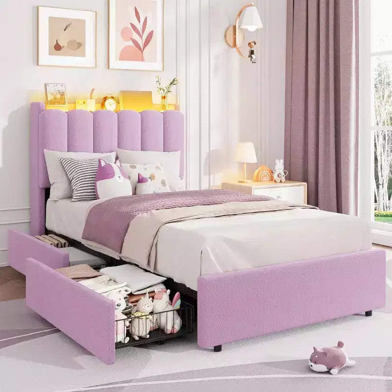 Struttura Letto Matrimoniale con Elegante Testiera Ondulata, Letto per Bambini con 2 Cassetti, Letto a Piattaforma Imbottito in Bouclé per Ragazze