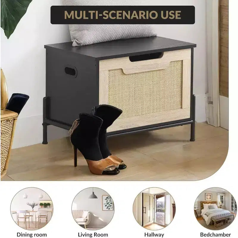 Panca contenitore in rattan con cerniera di sicurezza, panca da ingresso da 60/100 cm con contenitore, panca/cassapanca porta scarpe, panca da fondo letto con maniglie laterali