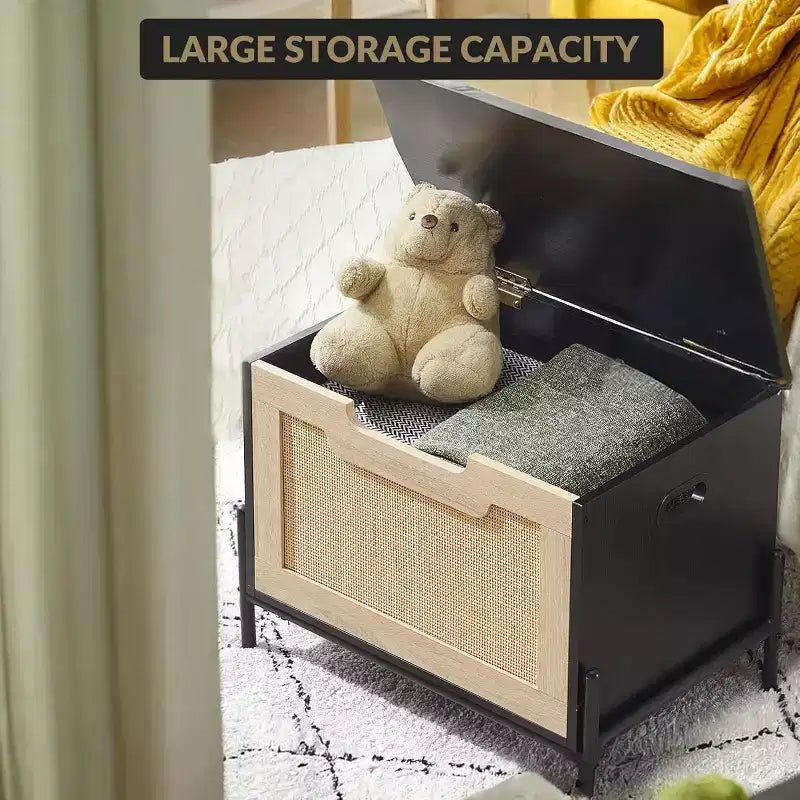 Panca contenitore in rattan con cerniera di sicurezza, panca da ingresso da 60/100 cm con contenitore, panca/cassapanca porta scarpe, panca da fondo letto con maniglie laterali