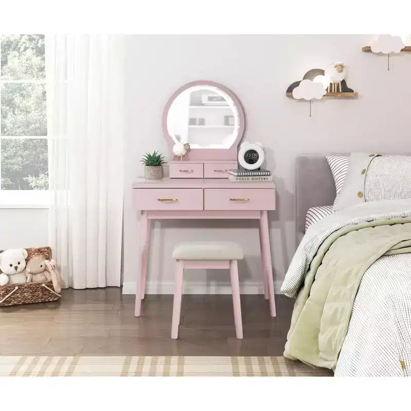 Okak Lussuoso Tavolo da Trucco con Bellissimo Specchio e Luci, Scrivania da Toilette con Cassetti e Sgabello, Set Tavolo da Trucco da Principessa per Camere da Letto