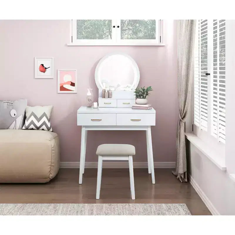 Okak Lussuoso Tavolo da Trucco con Bellissimo Specchio e Luci, Scrivania da Toilette con Cassetti e Sgabello, Set Tavolo da Trucco da Principessa per Camere da Letto