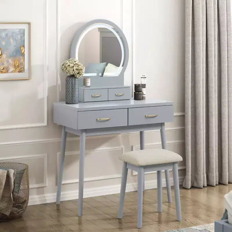 Okak Lussuoso Tavolo da Trucco con Bellissimo Specchio e Luci, Scrivania da Toilette con Cassetti e Sgabello, Set Tavolo da Trucco da Principessa per Camere da Letto