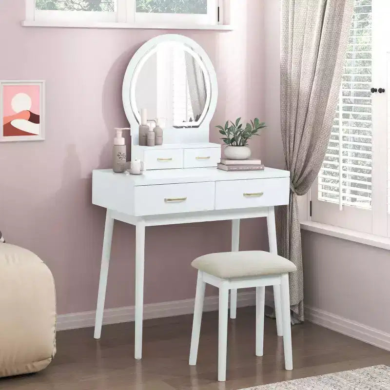 Okak Lussuoso Tavolo da Trucco con Bellissimo Specchio e Luci, Scrivania da Toilette con Cassetti e Sgabello, Set Tavolo da Trucco da Principessa per Camere da Letto