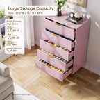 COZONY Cassettiera a 5 cassetti – Mobile alto moderno da 48 pollici con maniglie in metallo dorato, pannelli in legno scanalato, dispositivo antiribaltamento per camera da letto, soggiorno, corridoio