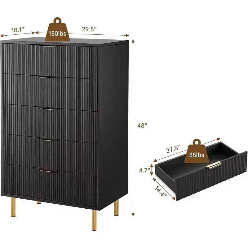 COZONY Cassettiera a 5 cassetti – Mobile alto moderno da 48 pollici con maniglie in metallo dorato, pannelli in legno scanalato, dispositivo antiribaltamento per camera da letto, soggiorno, corridoio