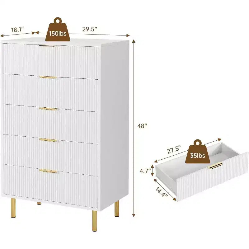 COZONY Cassettiera a 5 cassetti – Mobile alto moderno da 48 pollici con maniglie in metallo dorato, pannelli in legno scanalato, dispositivo antiribaltamento per camera da letto, soggiorno, corridoio