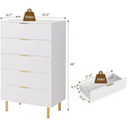 COZONY Cassettiera a 5 cassetti – Mobile alto moderno da 48 pollici con maniglie in metallo dorato, pannelli in legno scanalato, dispositivo antiribaltamento per camera da letto, soggiorno, corridoio