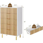 COZONY Cassettiera a 5 cassetti – Mobile alto moderno da 48 pollici con maniglie in metallo dorato, pannelli in legno scanalato, dispositivo antiribaltamento per camera da letto, soggiorno, corridoio