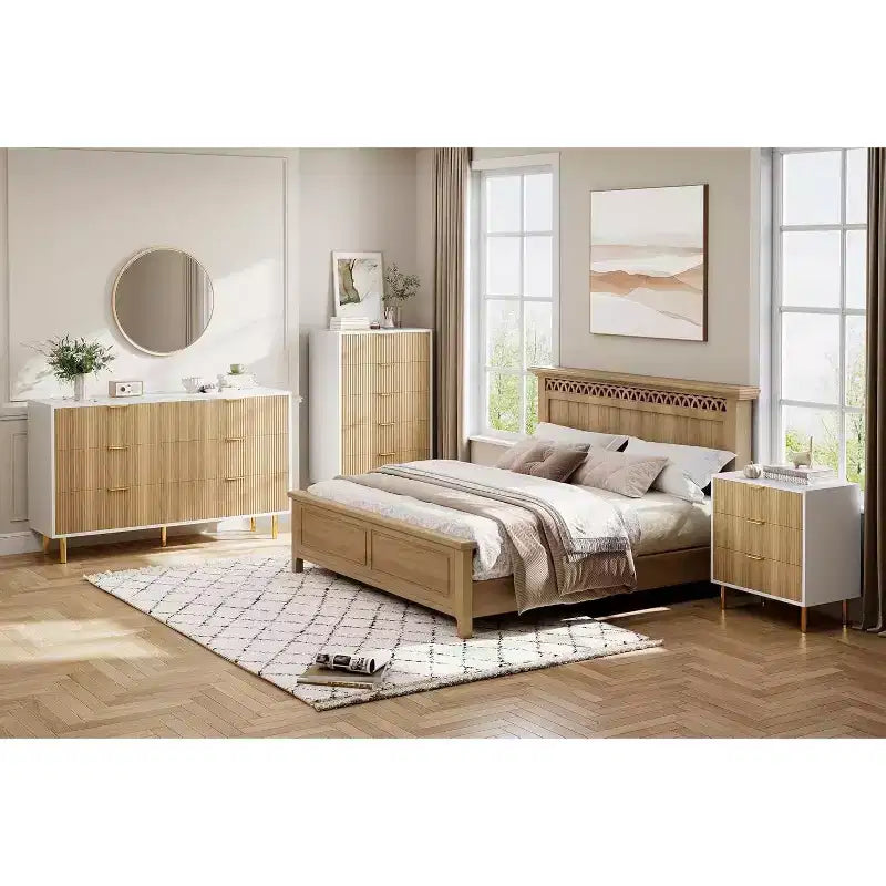 COZONY Cassettiera a 5 cassetti – Mobile alto moderno da 48 pollici con maniglie in metallo dorato, pannelli in legno scanalato, dispositivo antiribaltamento per camera da letto, soggiorno, corridoio
