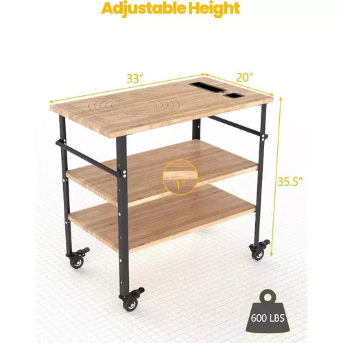 Tavolo per Forno Pizza a 3 Livelli in Bambù con 4 Ruote, Carrello da Esterno per Griglia, Carrello Bar per Preparazione Cibo, Tavolo da Cucina per Griglia, Colore Legno 83,8x50,8x90,1 cm