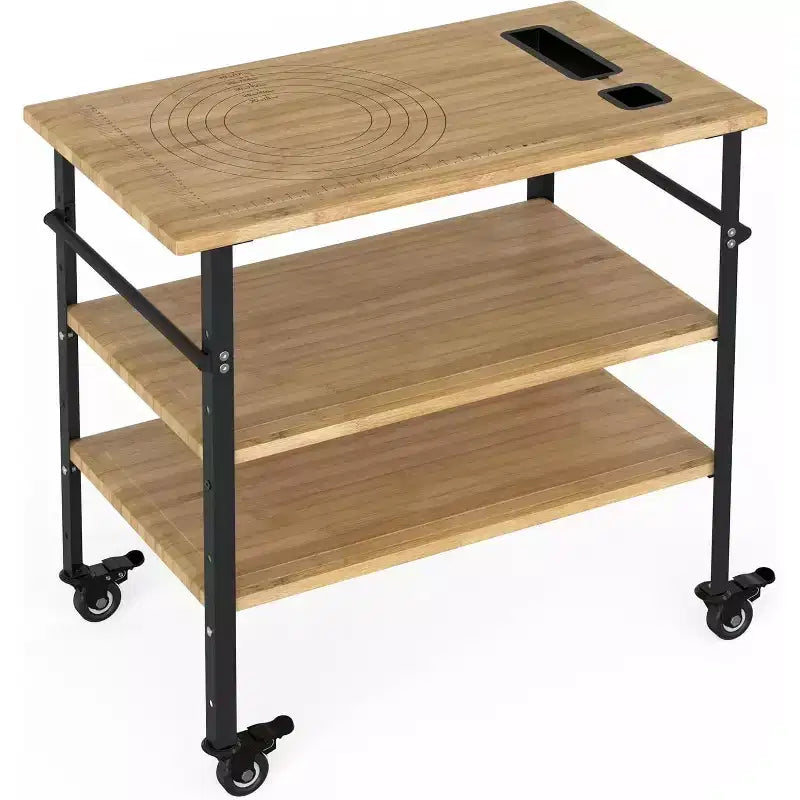 Tavolo per Forno Pizza a 3 Livelli in Bambù con 4 Ruote, Carrello da Esterno per Griglia, Carrello Bar per Preparazione Cibo, Tavolo da Cucina per Griglia, Colore Legno 83,8x50,8x90,1 cm