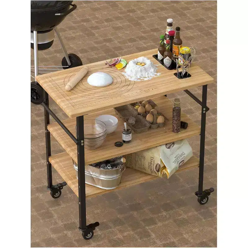 Tavolo per Forno Pizza a 3 Livelli in Bambù con 4 Ruote, Carrello da Esterno per Griglia, Carrello Bar per Preparazione Cibo, Tavolo da Cucina per Griglia, Colore Legno 83,8x50,8x90,1 cm