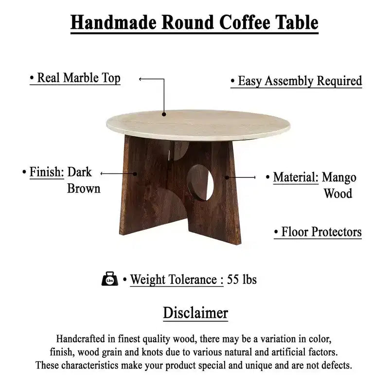 Tavolino da caffè Royal Hampton, piano tondo in marmo naturale da 27, base scultorea in legno di mango
