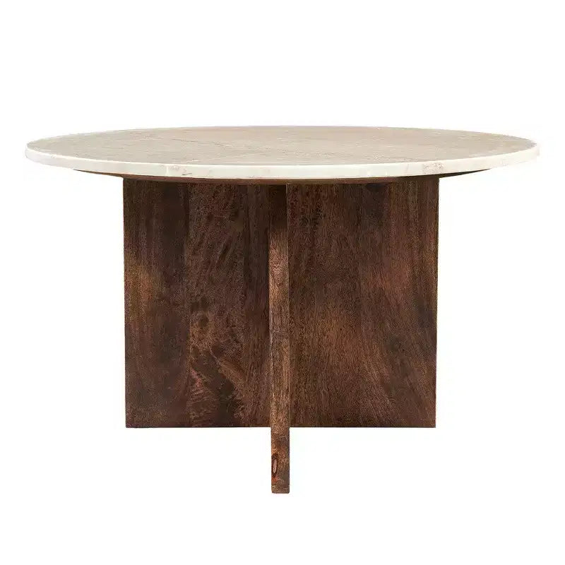 Tavolino da caffè Royal Hampton, piano tondo in marmo naturale da 27, base scultorea in legno di mango