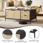 Tavolino da Salotto, Tavolino Moderno da 104 cm con Contenitore - Tavolino da Soggiorno con Accenti in Rattan, 2 Cassetti/Ante (Stile Rustico/Gambe in Metallo)