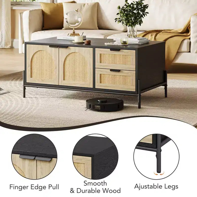 Tavolino da Salotto, Tavolino Moderno da 104 cm con Contenitore - Tavolino da Soggiorno con Accenti in Rattan, 2 Cassetti/Ante (Stile Rustico/Gambe in Metallo)