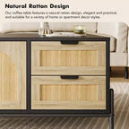 Tavolino da Salotto, Tavolino Moderno da 104 cm con Contenitore - Tavolino da Soggiorno con Accenti in Rattan, 2 Cassetti/Ante (Stile Rustico/Gambe in Metallo)
