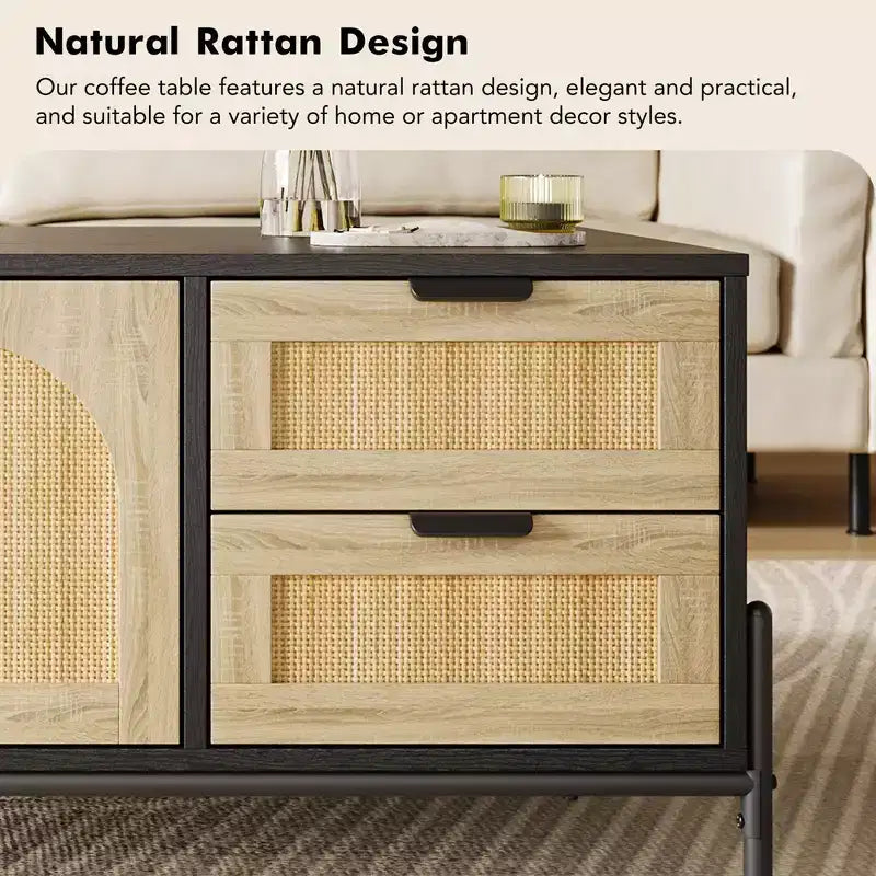 Tavolino da Salotto, Tavolino Moderno da 104 cm con Contenitore - Tavolino da Soggiorno con Accenti in Rattan, 2 Cassetti/Ante (Stile Rustico/Gambe in Metallo)