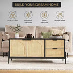 Tavolino da Salotto, Tavolino Moderno da 104 cm con Contenitore - Tavolino da Soggiorno con Accenti in Rattan, 2 Cassetti/Ante (Stile Rustico/Gambe in Metallo)