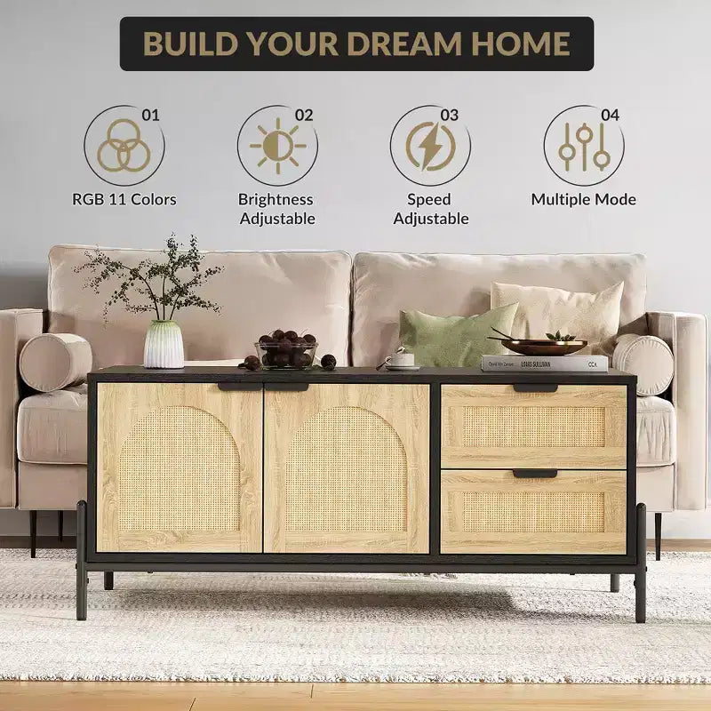 Tavolino da Salotto, Tavolino Moderno da 104 cm con Contenitore - Tavolino da Soggiorno con Accenti in Rattan, 2 Cassetti/Ante (Stile Rustico/Gambe in Metallo)