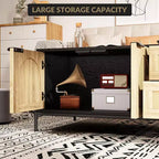 Tavolino da Salotto, Tavolino Moderno da 104 cm con Contenitore - Tavolino da Soggiorno con Accenti in Rattan, 2 Cassetti/Ante (Stile Rustico/Gambe in Metallo)
