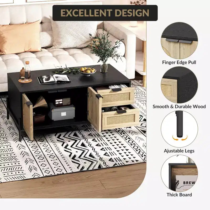 Tavolino da Salotto, Tavolino Moderno da 104 cm con Contenitore - Tavolino da Soggiorno con Accenti in Rattan, 2 Cassetti/Ante (Stile Rustico/Gambe in Metallo)