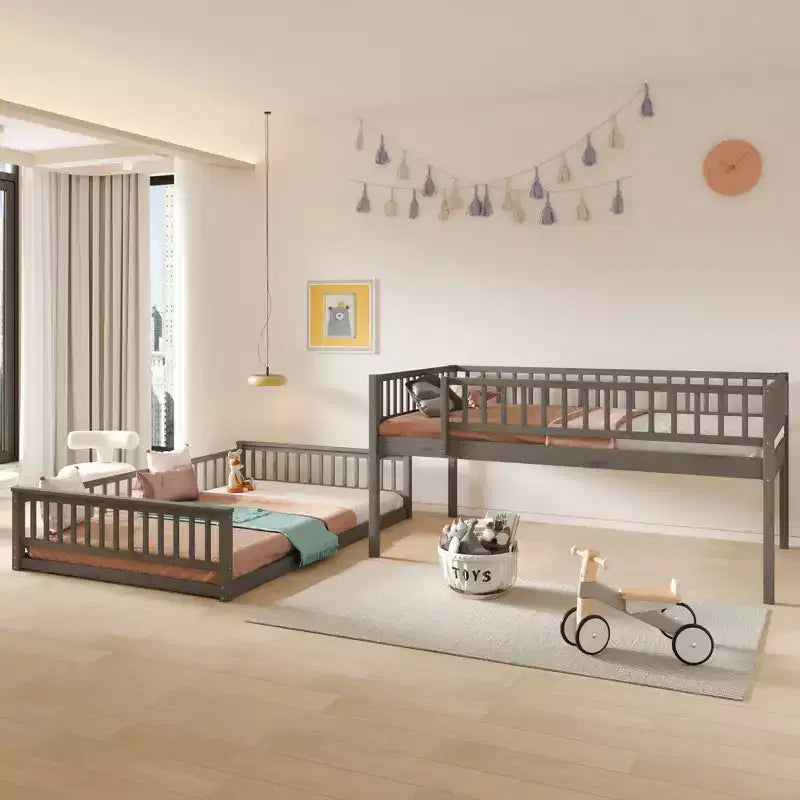 Letto a castello intero Okak in legno, letti a castello per bambini con scala e sponde di sicurezza, letti a castello gemelli per bambini, adolescenti