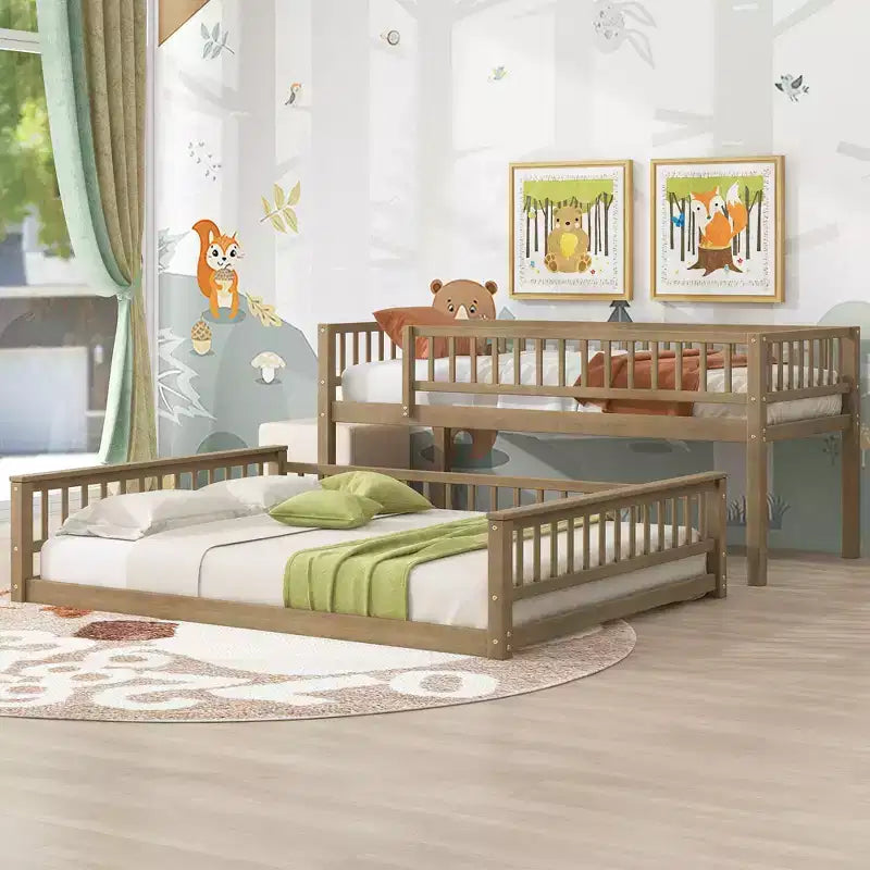 Letto a castello intero Okak in legno, letti a castello per bambini con scala e sponde di sicurezza, letti a castello gemelli per bambini, adolescenti