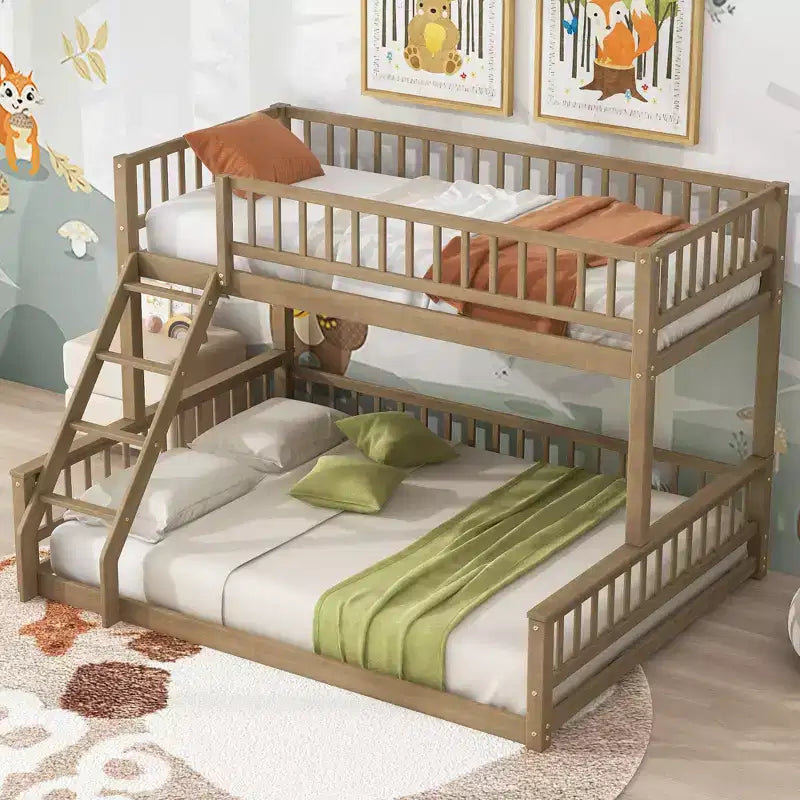 Letto a castello intero Okak in legno, letti a castello per bambini con scala e sponde di sicurezza, letti a castello gemelli per bambini, adolescenti
